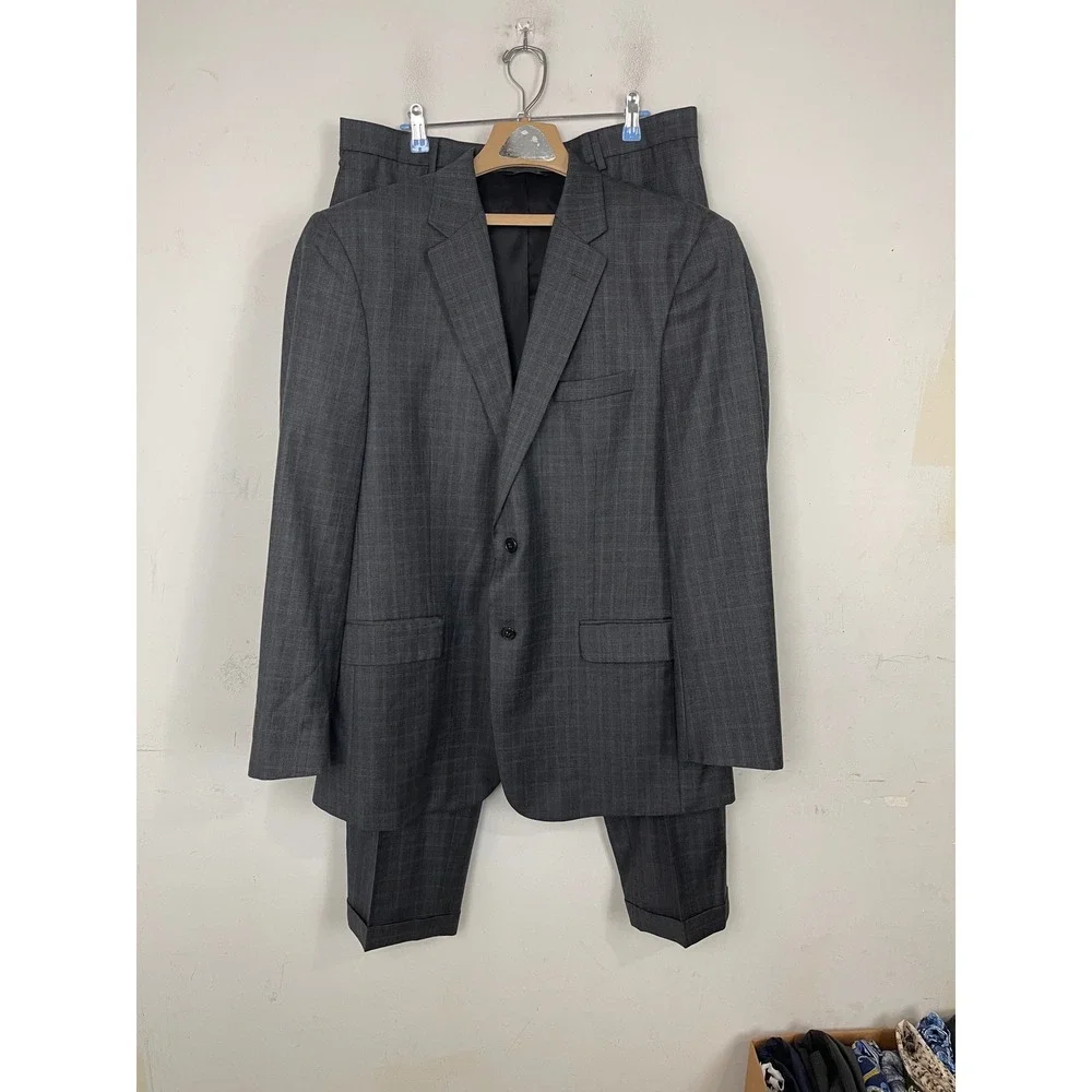 Jos. A. Bank Travelers Collection Mens Windowpane Plaid 100% Wool Suit 44L 37x31